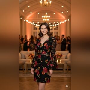 Alexia Admor Size Small Black & Red Floral Embroidered Goth Bell Sleeve Preowned